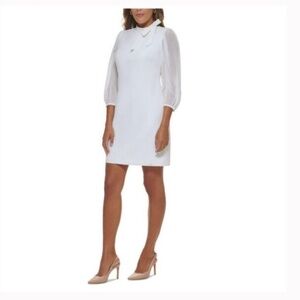 NWT CALVIN KLEIN Womens White Bow 3/4 Sleeve Above The Knee Sheath Dress